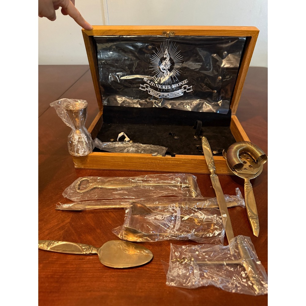 Vintage VU Solid Nickel Bronze Thai Bar Tool Set Buddha Relief 8pc Wood Case